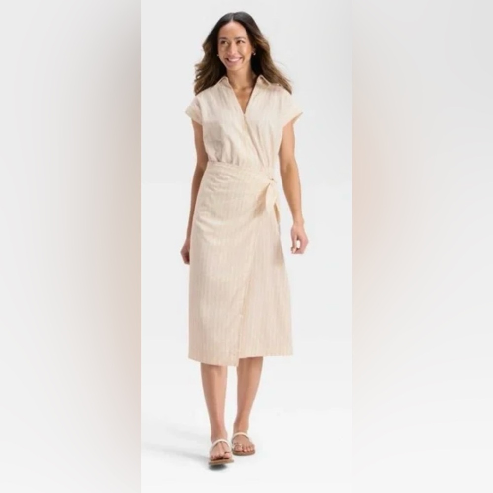 Universal Thread Cream Stripe Button Front Midi Dress | Size M | NWT